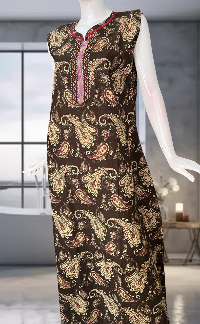 Brown Paisley Print Pure Cotton Sleeveless Nighty. Pure Durable Cotton | Laces and Frills