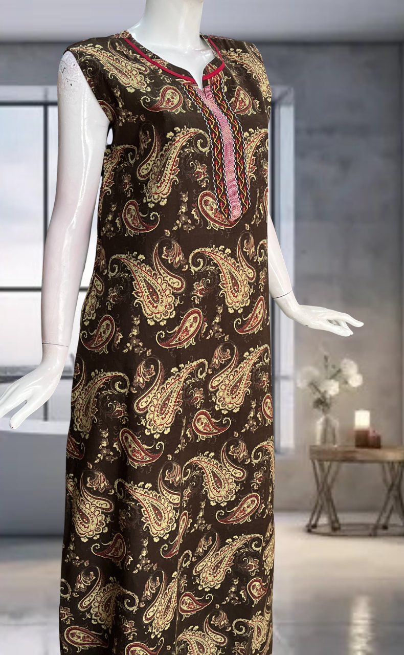 Brown Paisley Print Pure Cotton Sleeveless Nighty. Pure Durable Cotton | Laces and Frills