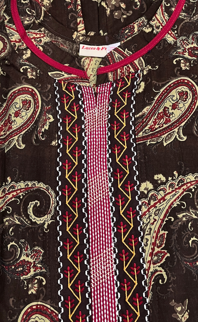 Brown Paisley Print Pure Cotton Sleeveless Nighty. Pure Durable Cotton | Laces and Frills