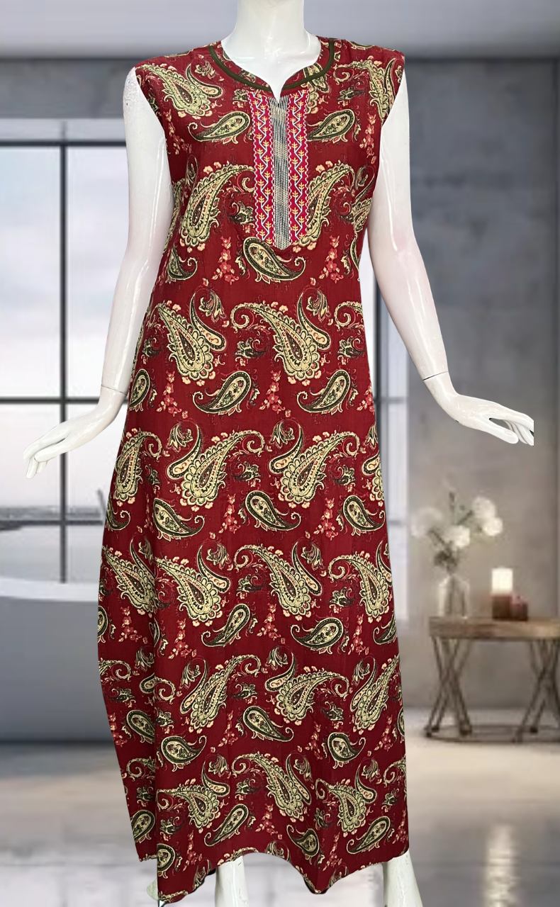 Maroon Paisley Print Pure Cotton Sleeveless Nighty. Pure Durable Cotton | Laces and Frills