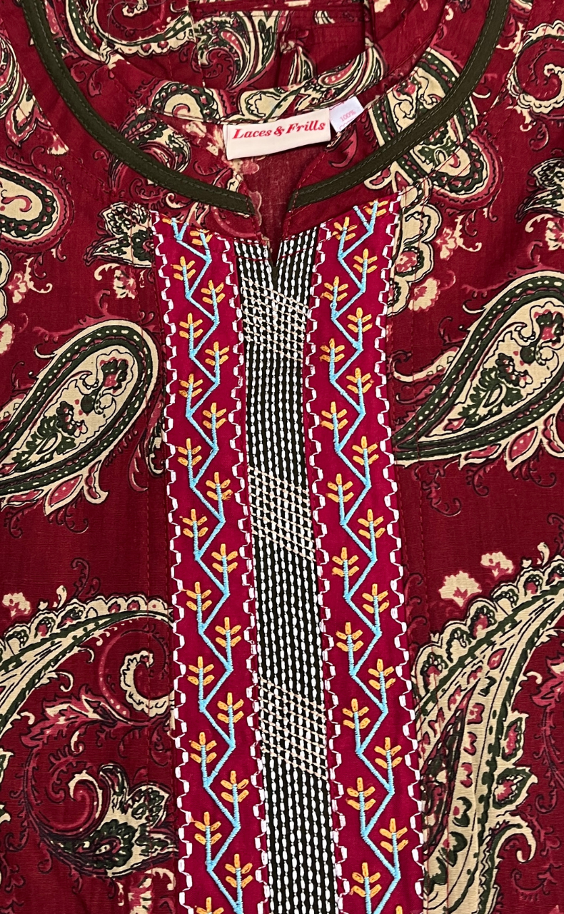 Maroon Paisley Print Pure Cotton Sleeveless Nighty. Pure Durable Cotton | Laces and Frills