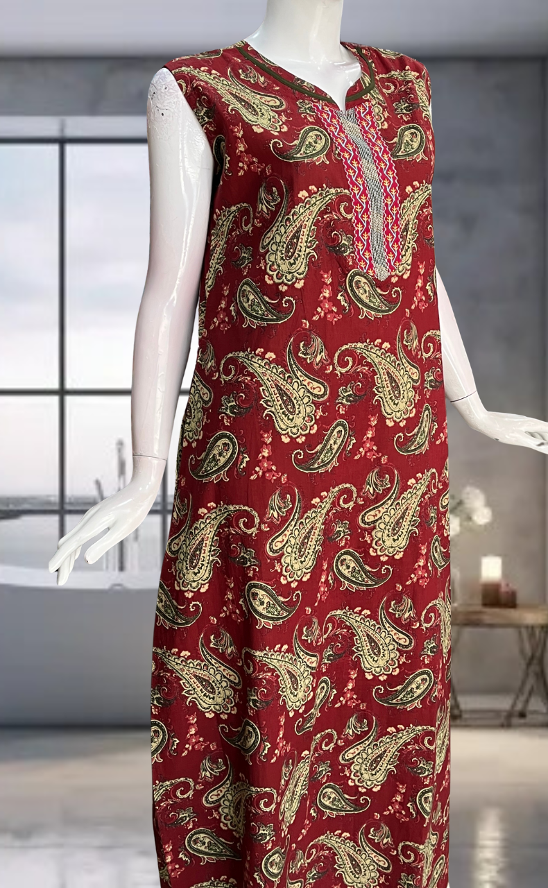 Maroon Paisley Print Pure Cotton Sleeveless Nighty. Pure Durable Cotton | Laces and Frills