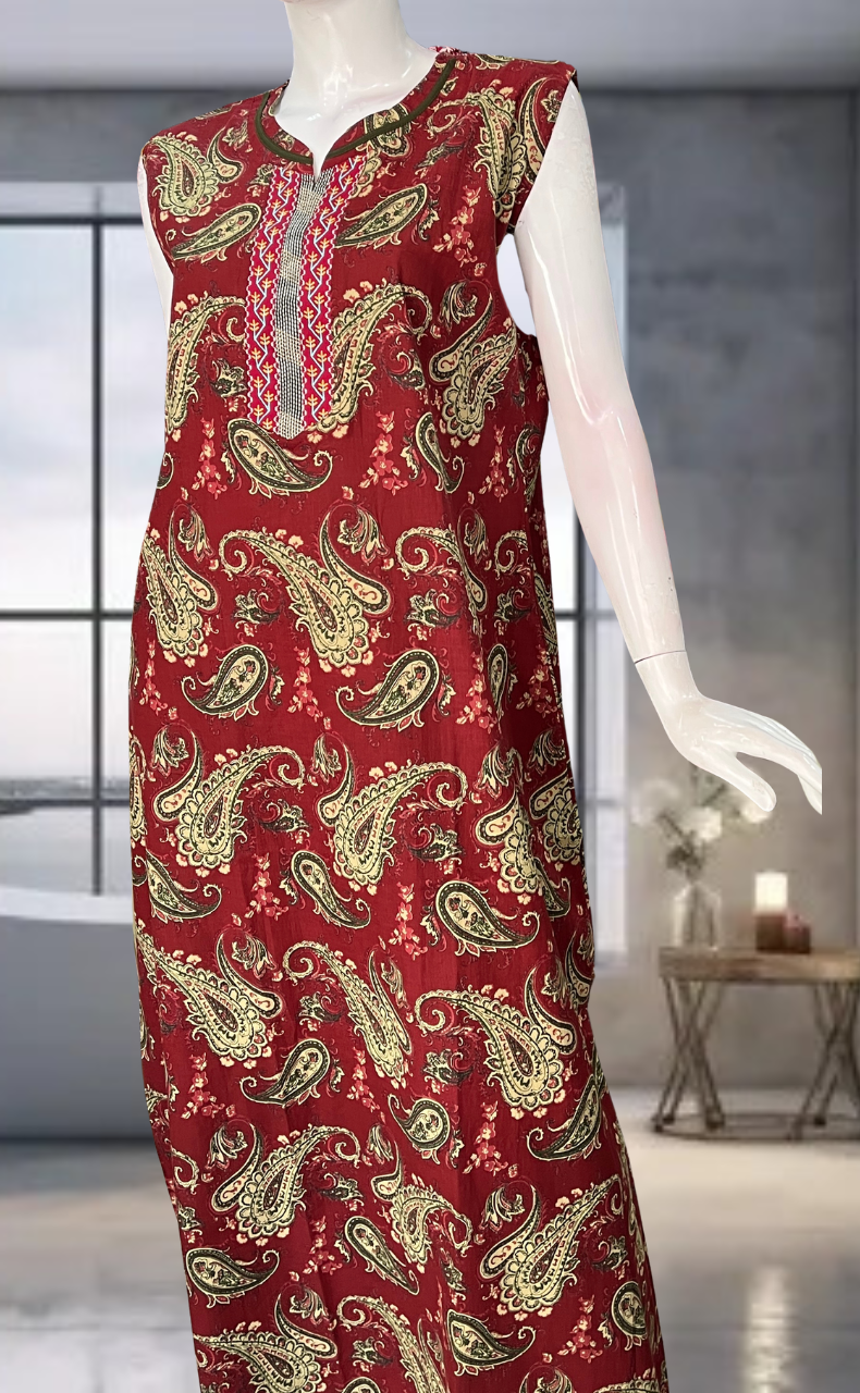 Maroon Paisley Print Pure Cotton Sleeveless Nighty. Pure Durable Cotton | Laces and Frills
