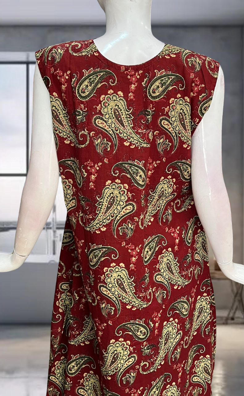 Maroon Paisley Print Pure Cotton Sleeveless Nighty. Pure Durable Cotton | Laces and Frills