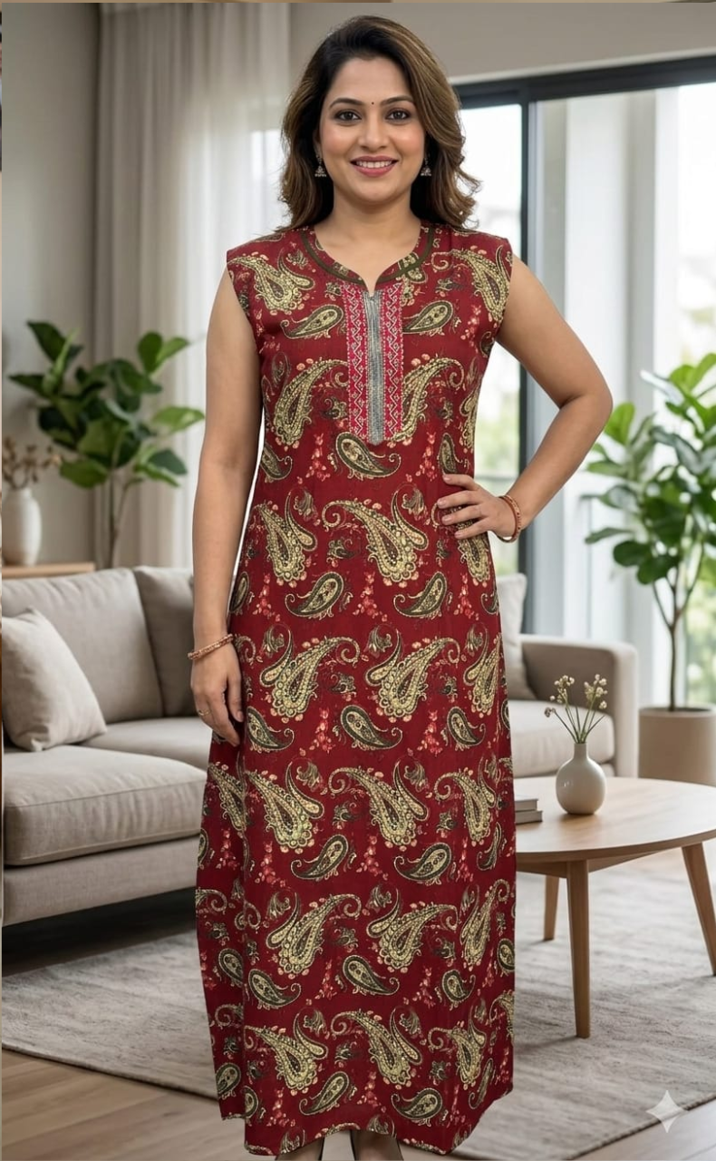 Maroon Paisley Print Pure Cotton Sleeveless Nighty. Pure Durable Cotton | Laces and Frills