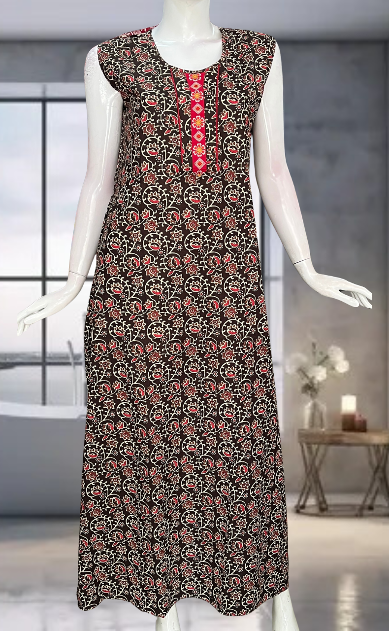 Brown Garden Pure Cotton Sleeveless Nighty. Pure Durable Cotton | Laces and Frills