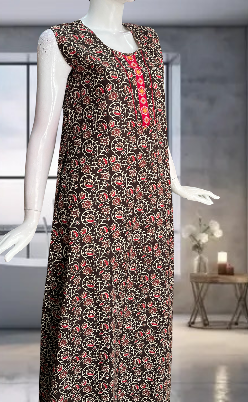 Brown Garden Pure Cotton Sleeveless Nighty. Pure Durable Cotton | Laces and Frills