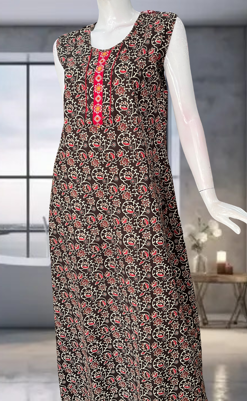 Brown Garden Pure Cotton Sleeveless Nighty. Pure Durable Cotton | Laces and Frills