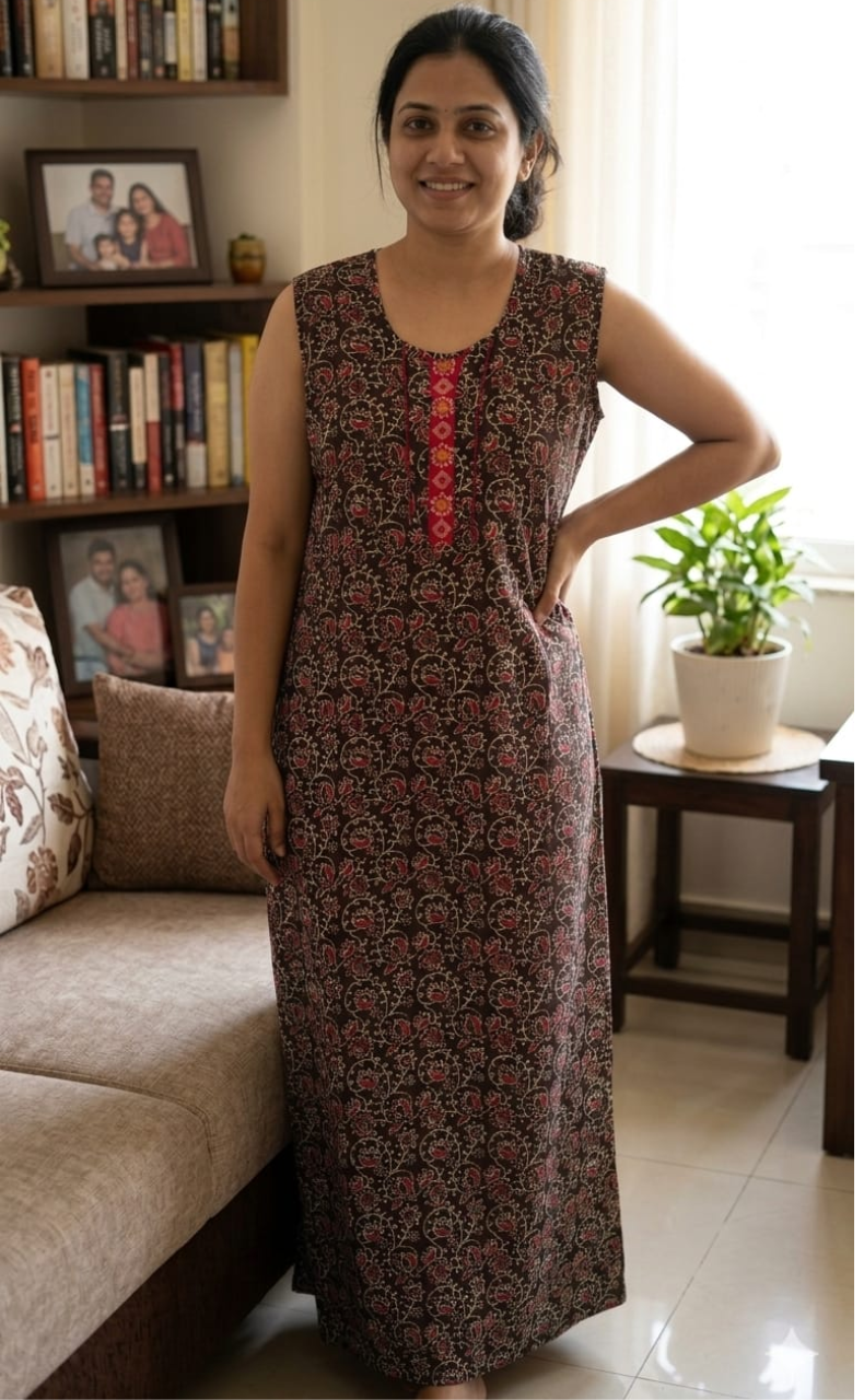 Brown Garden Pure Cotton Sleeveless Nighty. Pure Durable Cotton | Laces and Frills