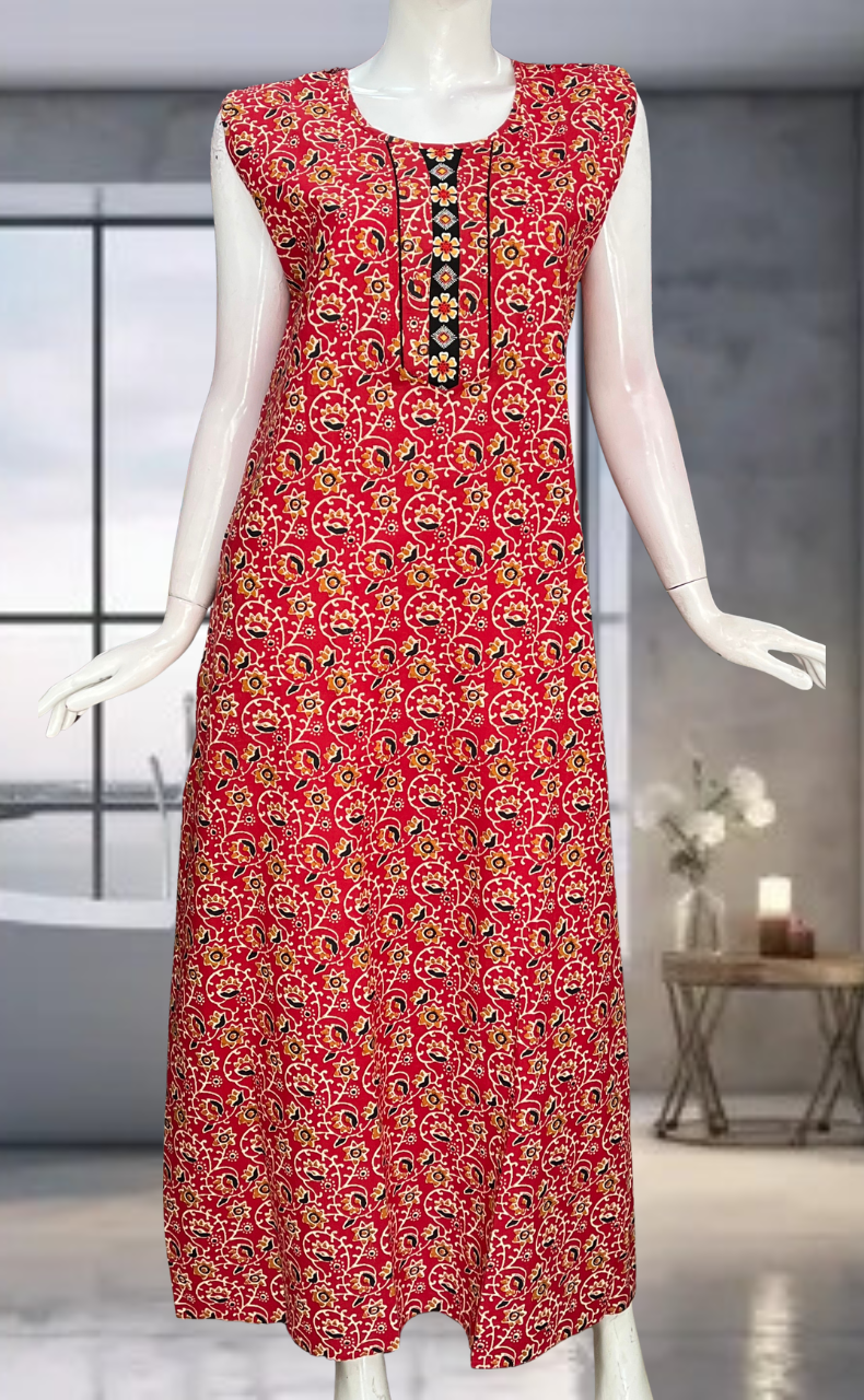 Red Garden Pure Cotton Sleeveless Nighty. Pure Durable Cotton | Laces and Frills