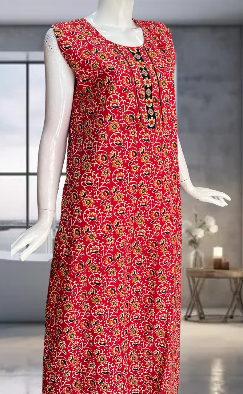 Red Garden Pure Cotton Sleeveless Nighty. Pure Durable Cotton | Laces and Frills