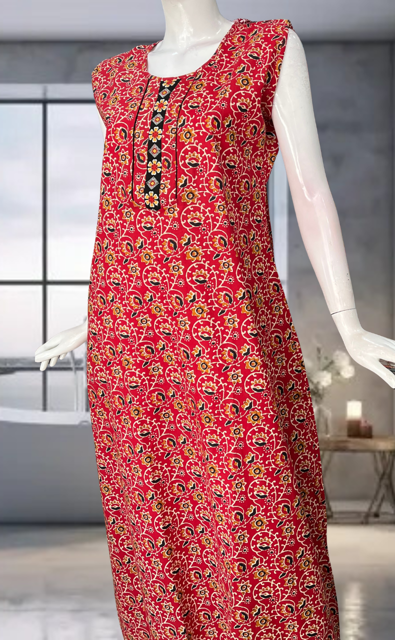 Red Garden Pure Cotton Sleeveless Nighty. Pure Durable Cotton | Laces and Frills