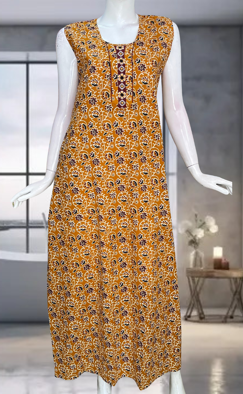 Yellow Garden Pure Cotton Sleeveless Nighty. Pure Durable Cotton | Laces and Frills