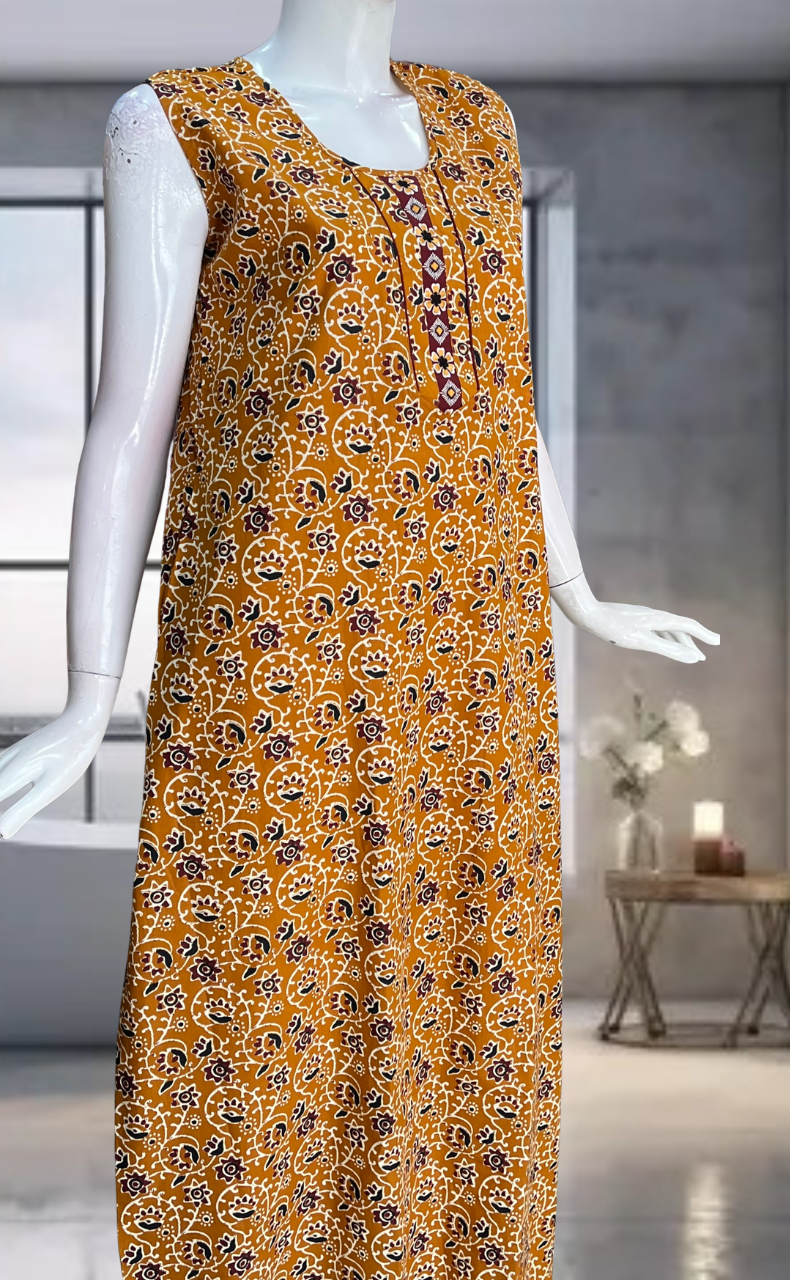 Yellow Garden Pure Cotton Sleeveless Nighty. Pure Durable Cotton | Laces and Frills