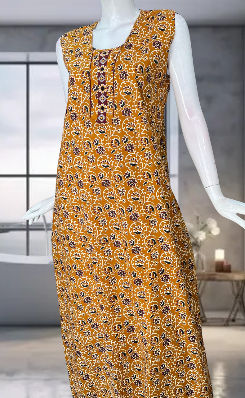 Yellow Garden Pure Cotton Sleeveless Nighty. Pure Durable Cotton | Laces and Frills