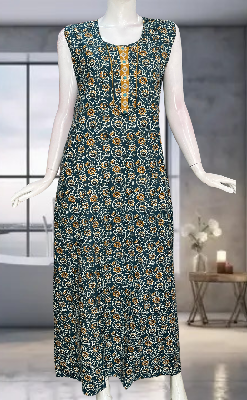 Teal Blue Garden Pure Cotton Sleeveless Nighty. Pure Durable Cotton | Laces and Frills