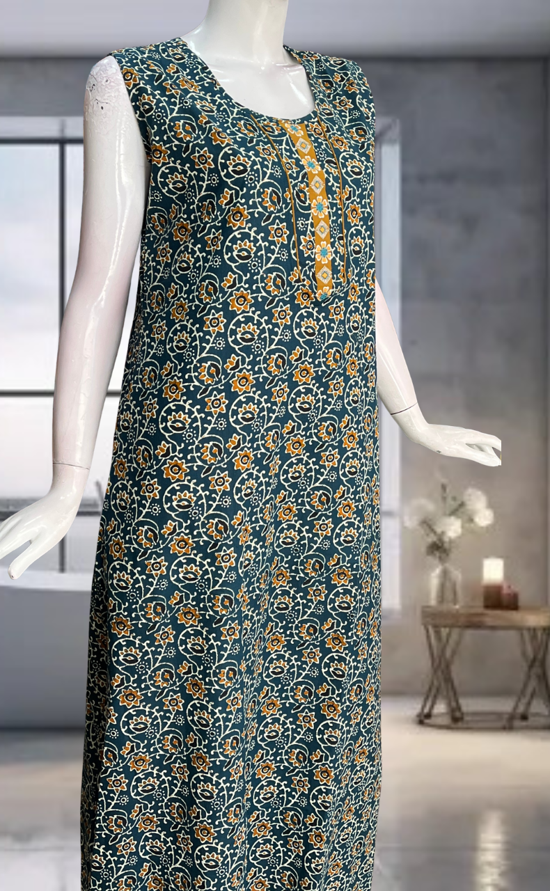 Teal Blue Garden Pure Cotton Sleeveless Nighty. Pure Durable Cotton | Laces and Frills