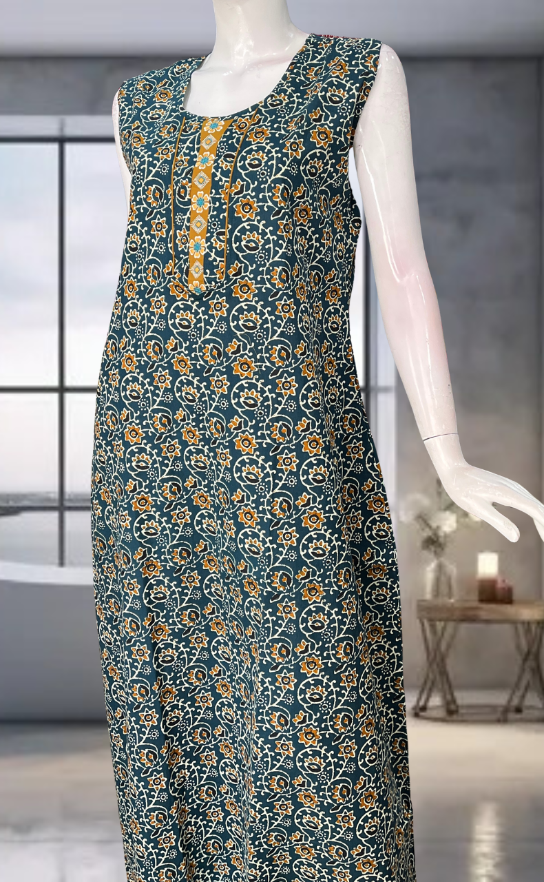 Teal Blue Garden Pure Cotton Sleeveless Nighty. Pure Durable Cotton | Laces and Frills
