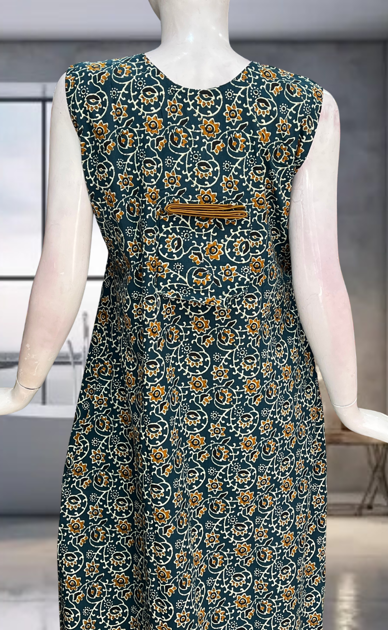 Teal Blue Garden Pure Cotton Sleeveless Nighty. Pure Durable Cotton | Laces and Frills