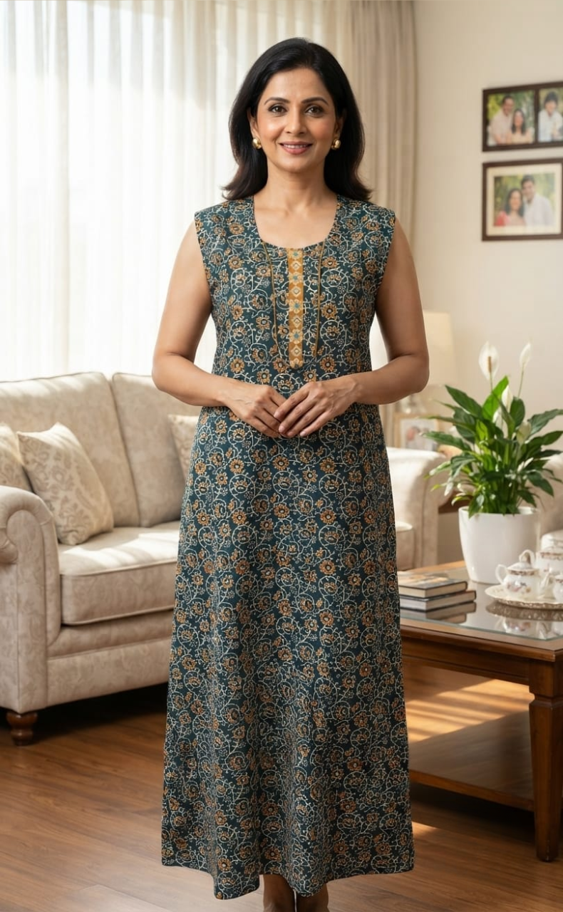 Teal Blue Garden Pure Cotton Sleeveless Nighty. Pure Durable Cotton | Laces and Frills