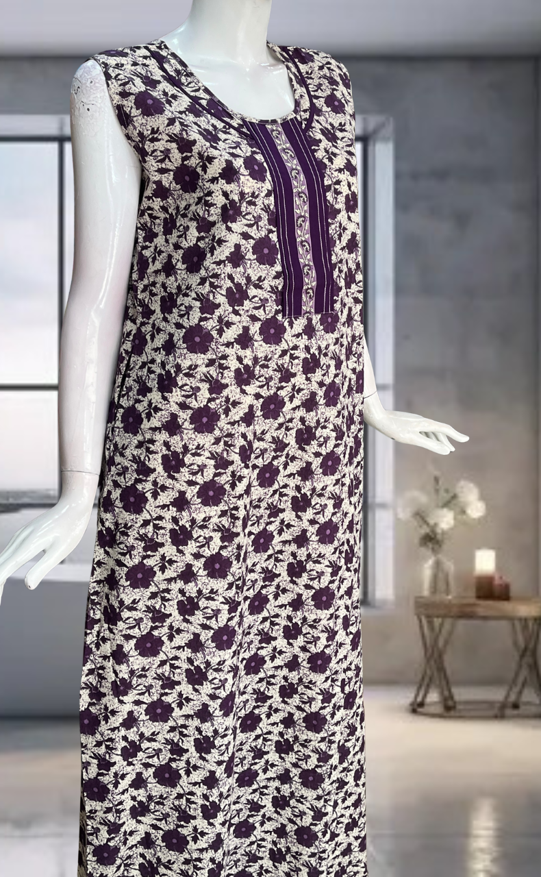 Violet Garden Pure Cotton Sleeveless Nighty. Pure Durable Cotton | Laces and Frills