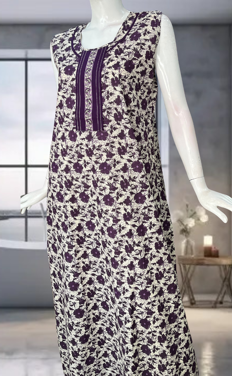 Violet Garden Pure Cotton Sleeveless Nighty. Pure Durable Cotton | Laces and Frills