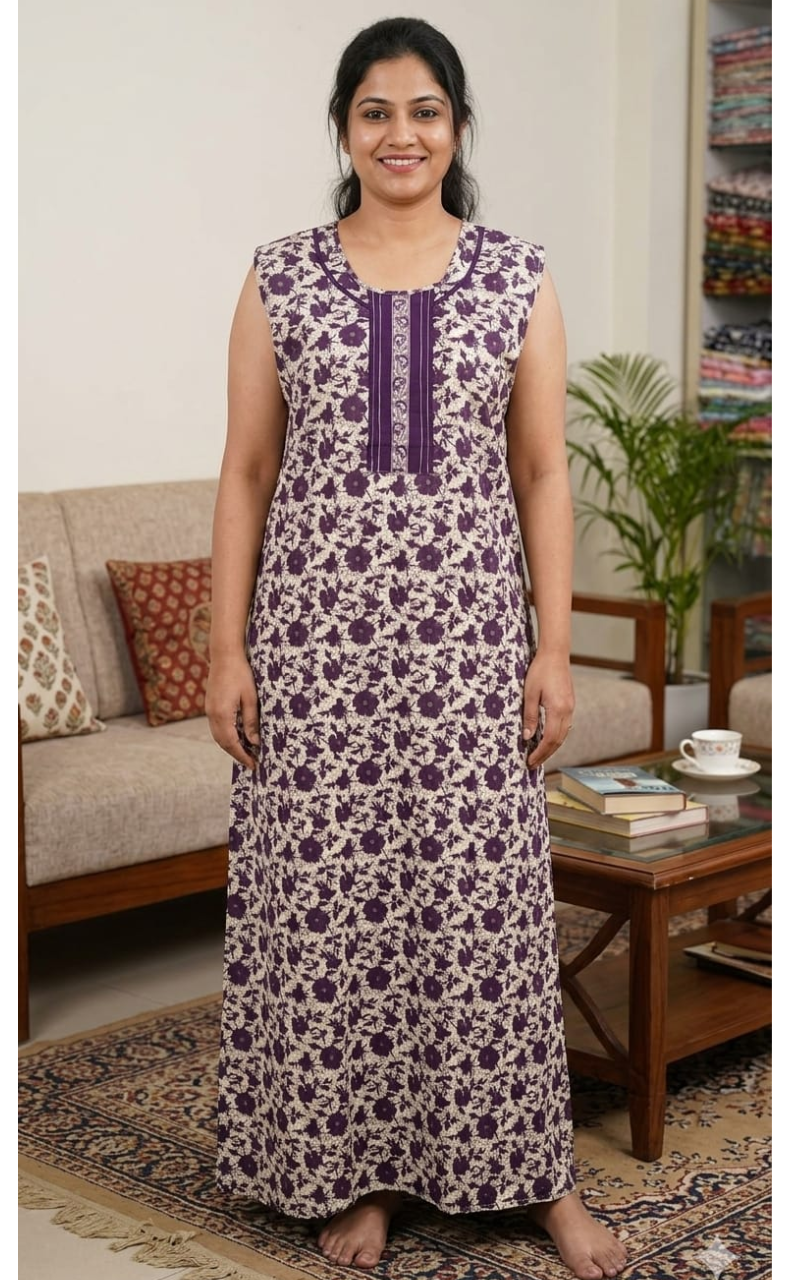 Violet Garden Pure Cotton Sleeveless Nighty. Pure Durable Cotton | Laces and Frills