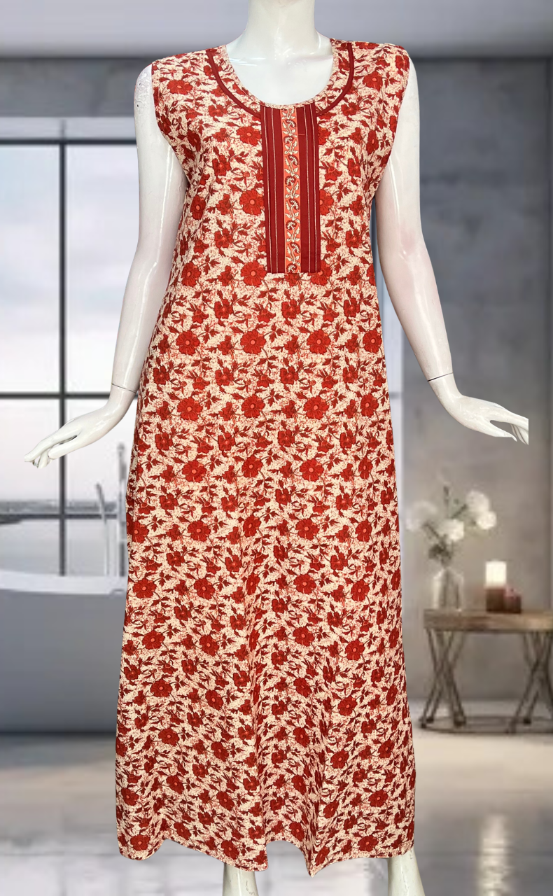 Red Garden Pure Cotton Sleeveless Nighty. Pure Durable Cotton | Laces and Frills