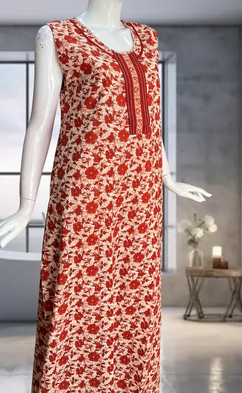 Red Garden Pure Cotton Sleeveless Nighty. Pure Durable Cotton | Laces and Frills