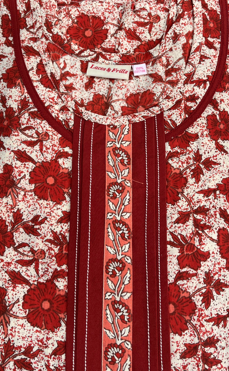 Red Garden Pure Cotton Sleeveless Nighty. Pure Durable Cotton | Laces and Frills