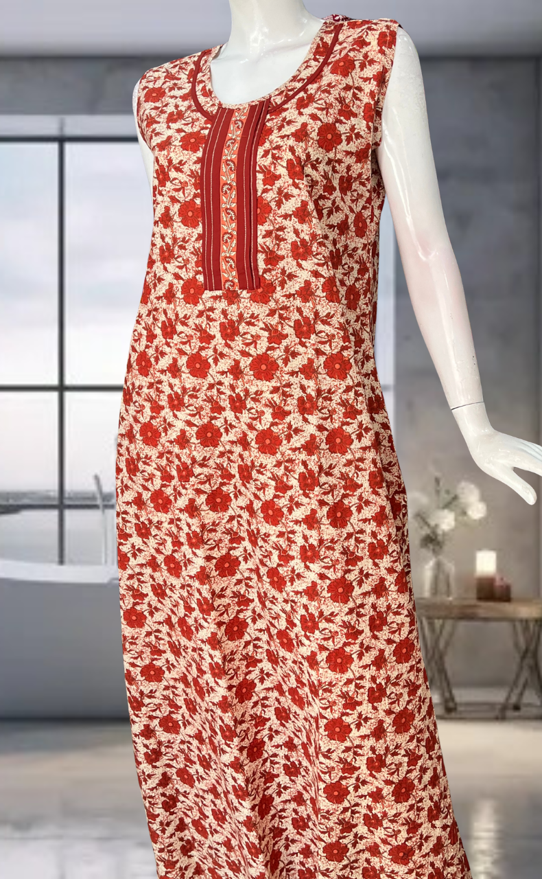 Red Garden Pure Cotton Sleeveless Nighty. Pure Durable Cotton | Laces and Frills