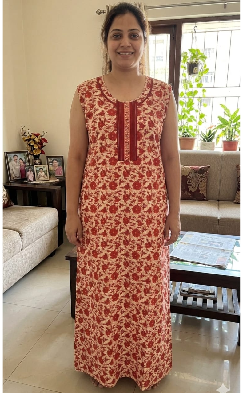 Red Garden Pure Cotton Sleeveless Nighty. Pure Durable Cotton | Laces and Frills