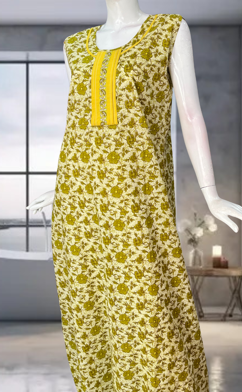 Green Garden Pure Cotton Sleeveless Nighty. Pure Durable Cotton | Laces and Frills