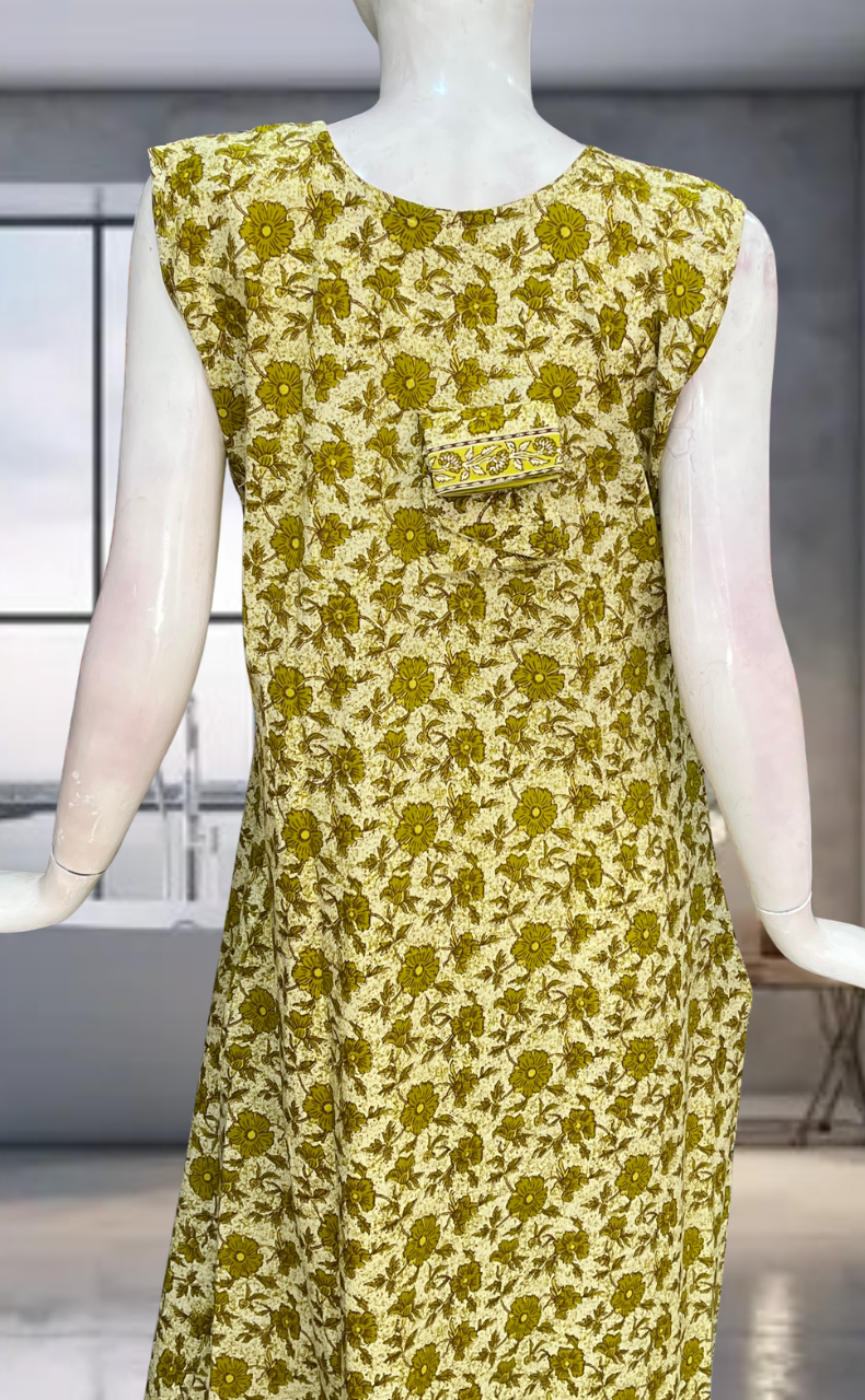 Green Garden Pure Cotton Sleeveless Nighty. Pure Durable Cotton | Laces and Frills