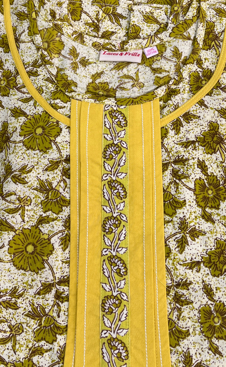 Green Garden Pure Cotton Sleeveless Nighty. Pure Durable Cotton | Laces and Frills