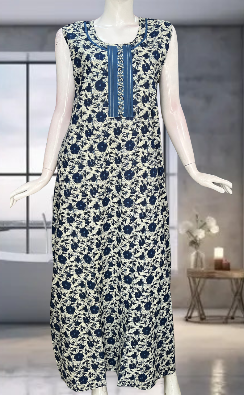 Blue Garden Pure Cotton Sleeveless Nighty. Pure Durable Cotton | Laces and Frills