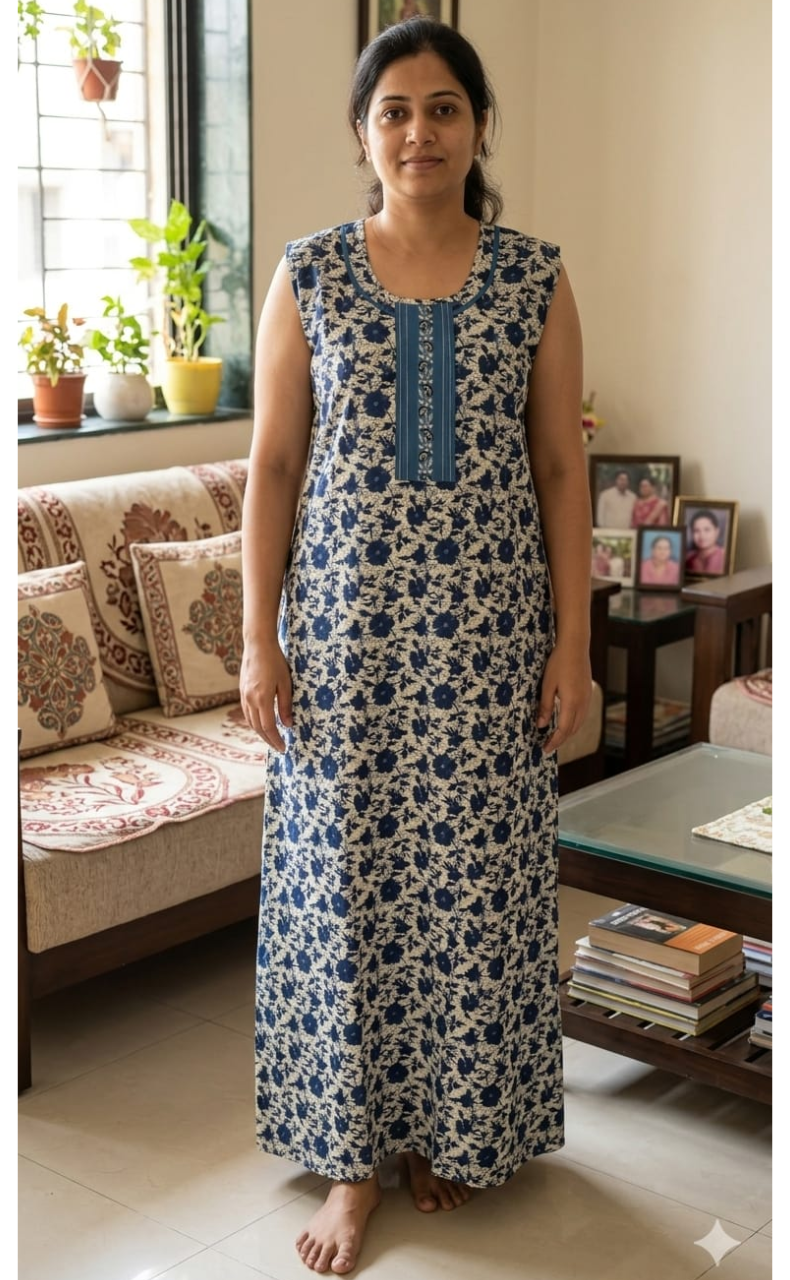 Blue Garden Pure Cotton Sleeveless Nighty. Pure Durable Cotton | Laces and Frills