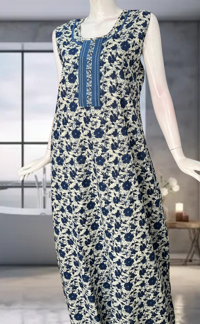 Blue Garden Pure Cotton Sleeveless Nighty. Pure Durable Cotton | Laces and Frills