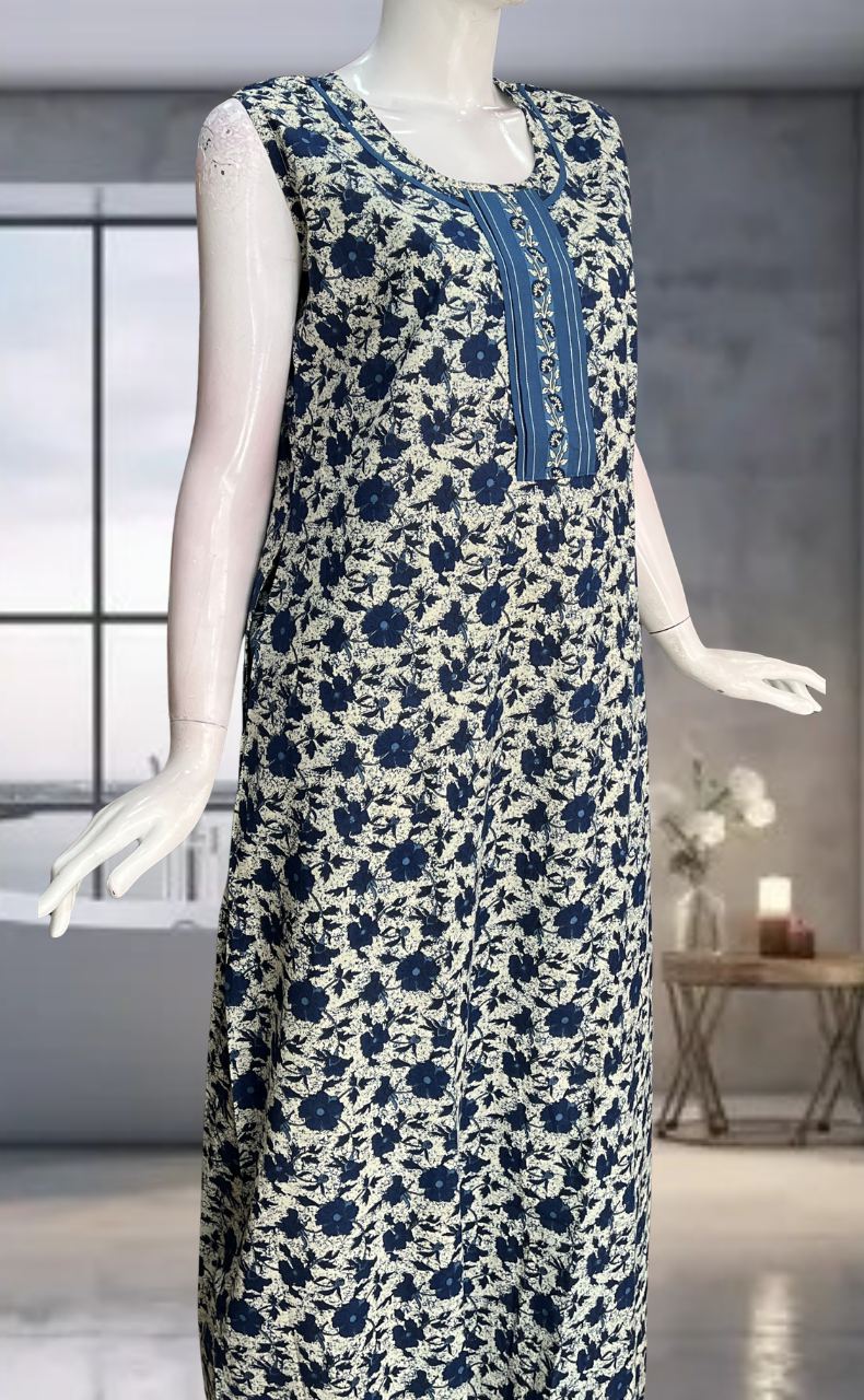Blue Garden Pure Cotton Sleeveless Nighty. Pure Durable Cotton | Laces and Frills