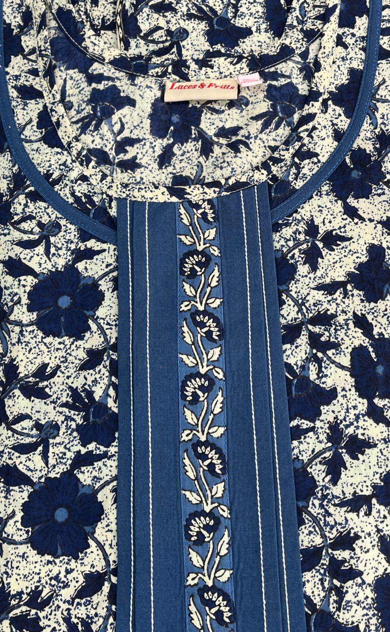 Blue Garden Pure Cotton Sleeveless Nighty. Pure Durable Cotton | Laces and Frills