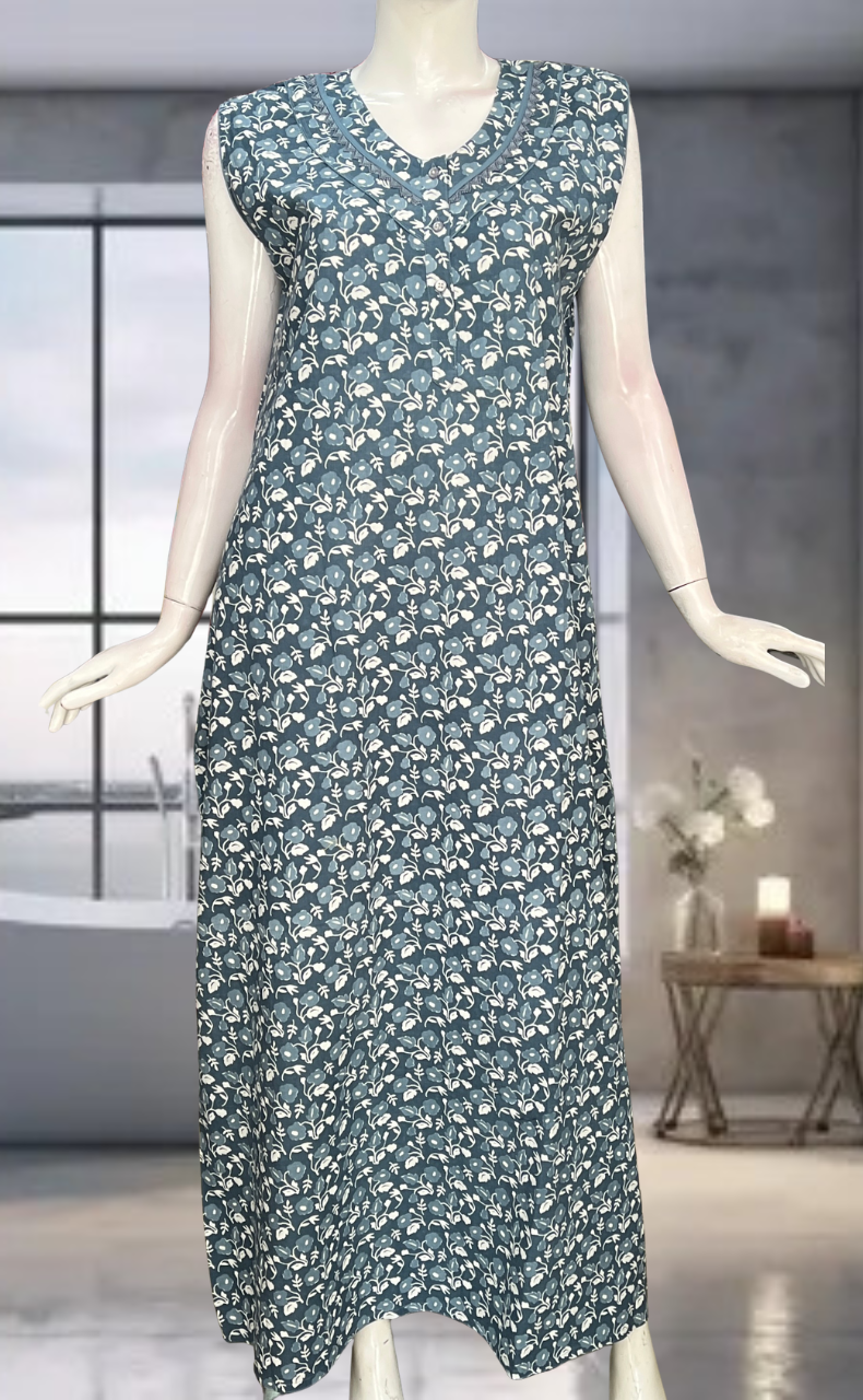 Grey Flora Pure Cotton Sleeveless Nighty. Pure Durable Cotton | Laces and Frills