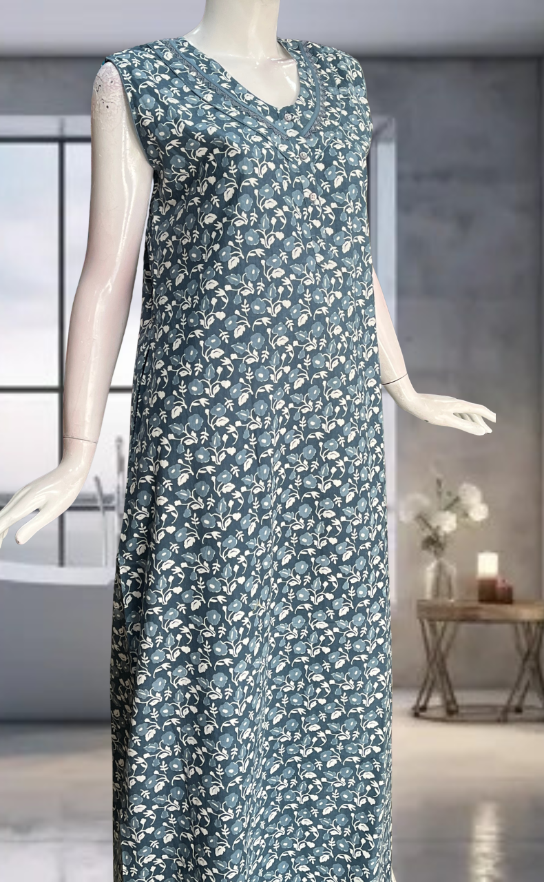 Grey Flora Pure Cotton Sleeveless Nighty. Pure Durable Cotton | Laces and Frills
