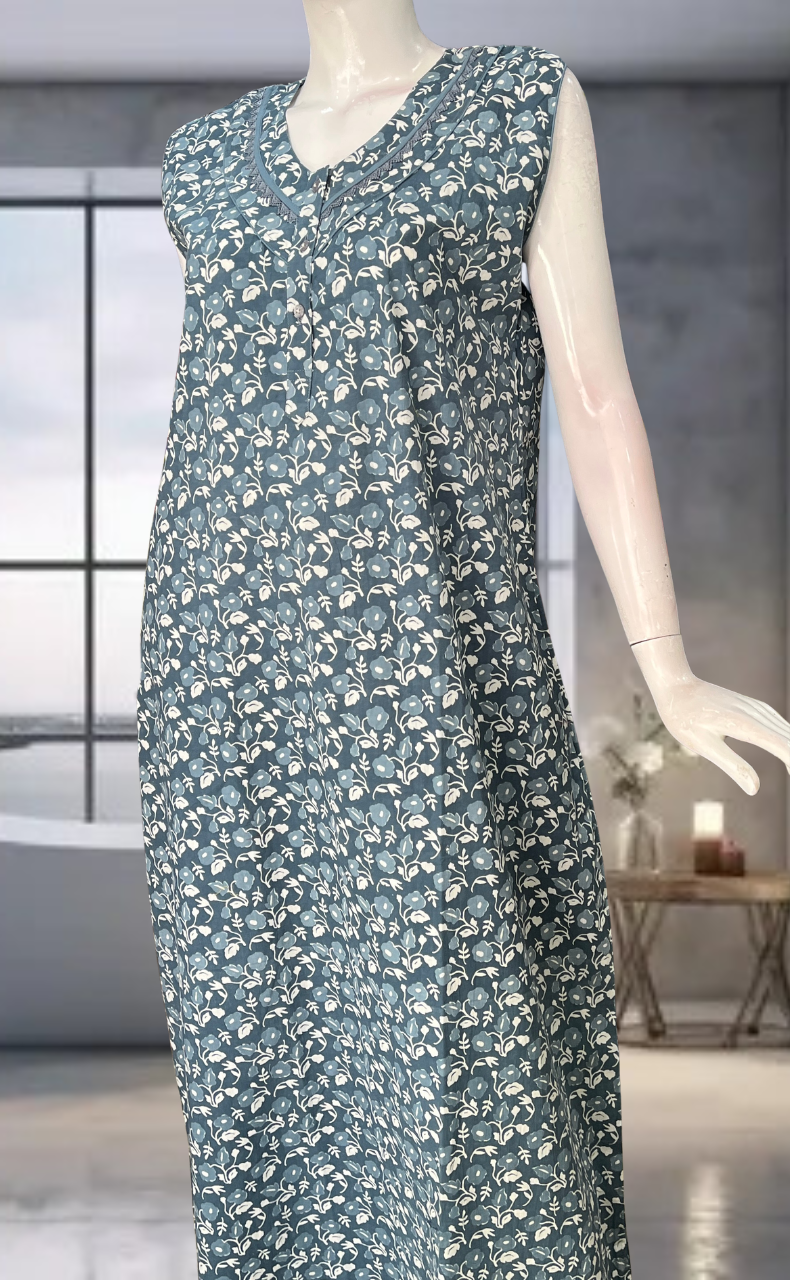 Grey Flora Pure Cotton Sleeveless Nighty. Pure Durable Cotton | Laces and Frills