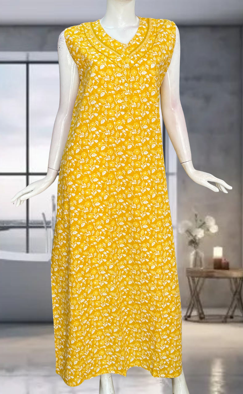 Yellow Flora Pure Cotton Sleeveless Nighty. Pure Durable Cotton | Laces and Frills