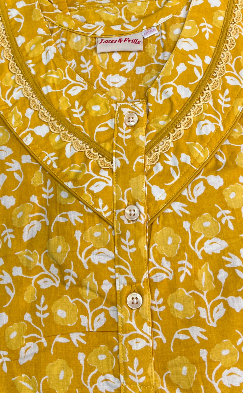 Yellow Flora Pure Cotton Sleeveless Nighty. Pure Durable Cotton | Laces and Frills