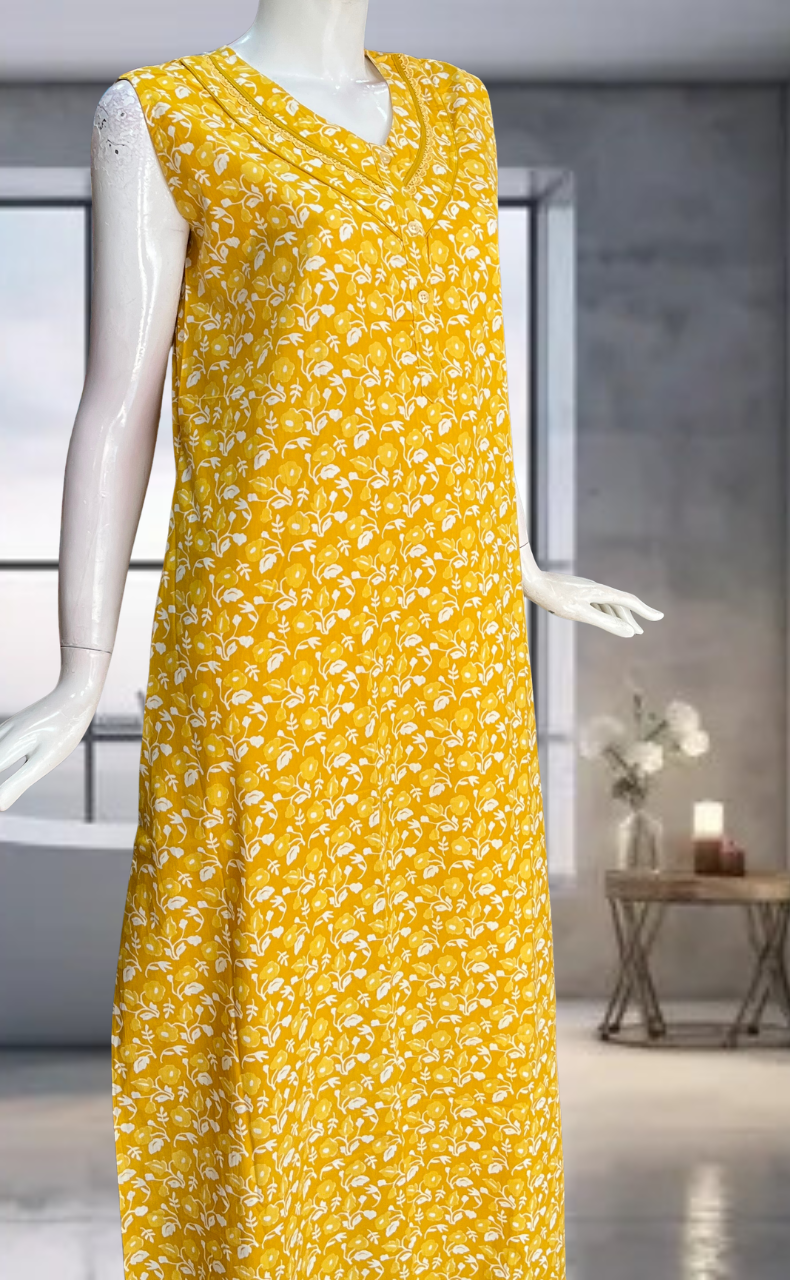 Yellow Flora Pure Cotton Sleeveless Nighty. Pure Durable Cotton | Laces and Frills