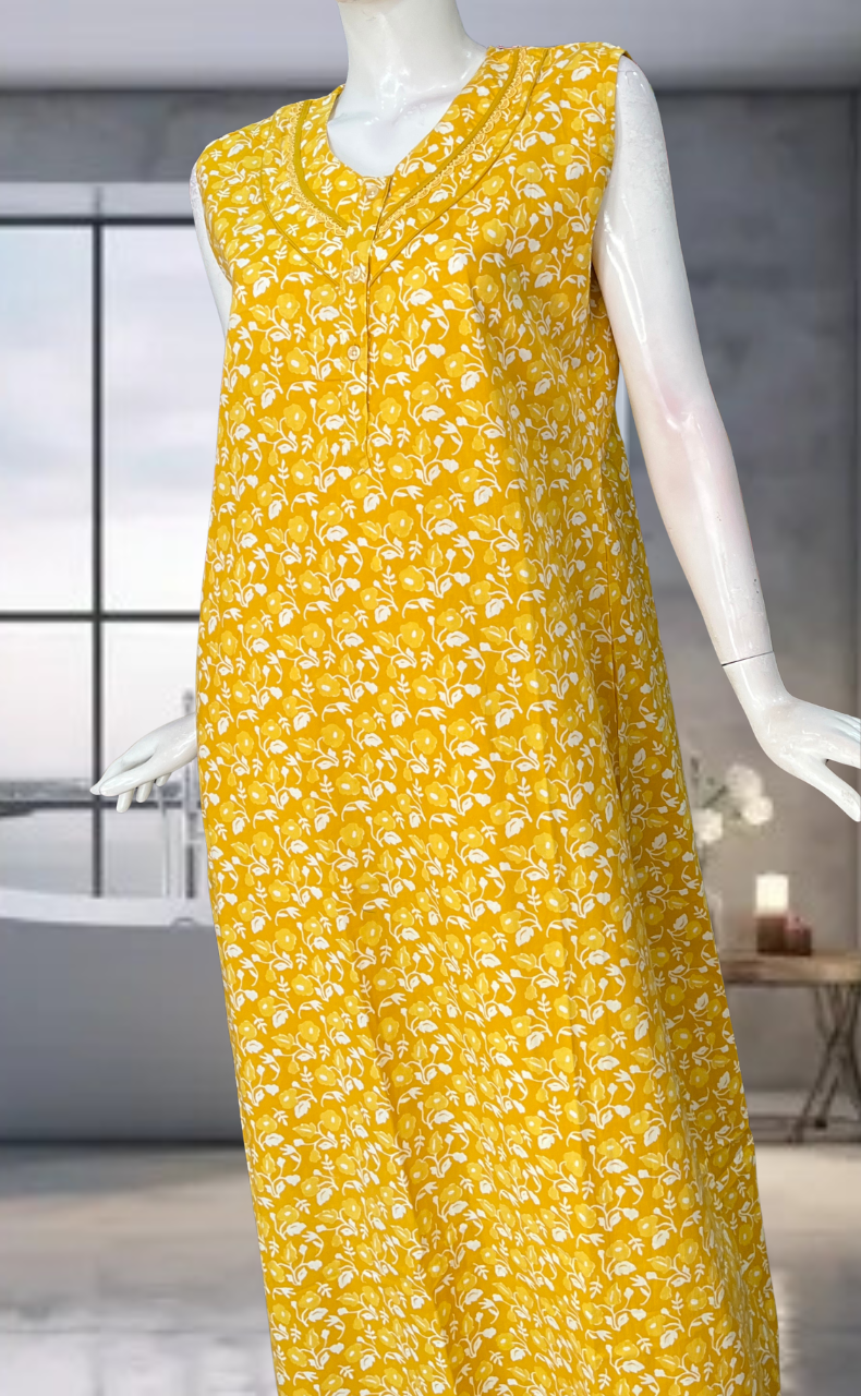 Yellow Flora Pure Cotton Sleeveless Nighty. Pure Durable Cotton | Laces and Frills