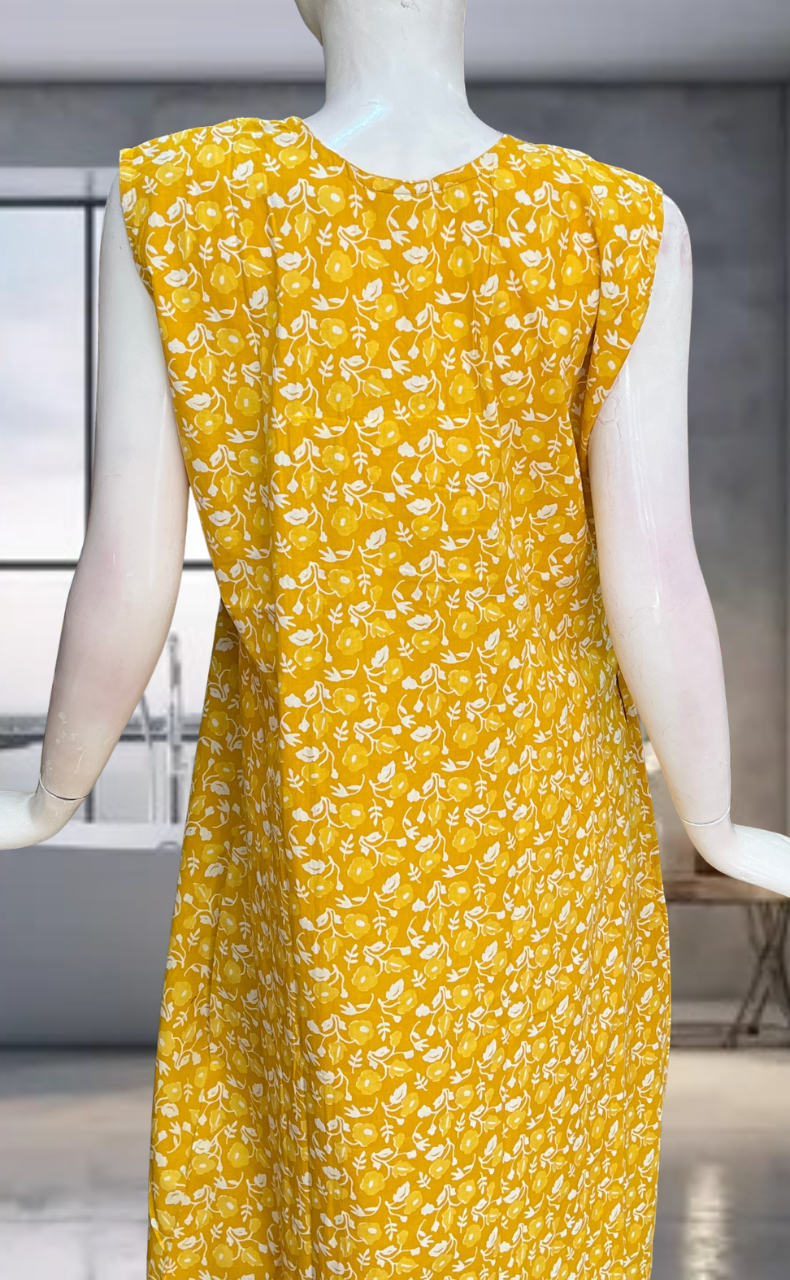 Yellow Flora Pure Cotton Sleeveless Nighty. Pure Durable Cotton | Laces and Frills