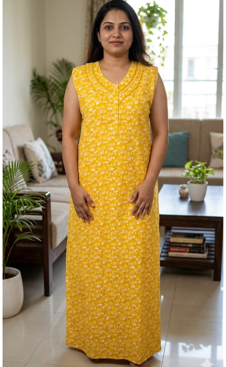 Yellow Flora Pure Cotton Sleeveless Nighty. Pure Durable Cotton | Laces and Frills