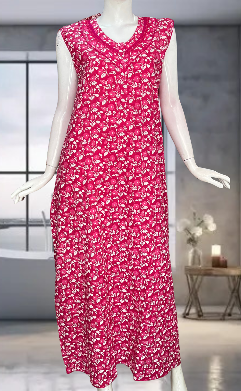 Pink Flora Pure Cotton Sleeveless Nighty. Pure Durable Cotton | Laces and Frills